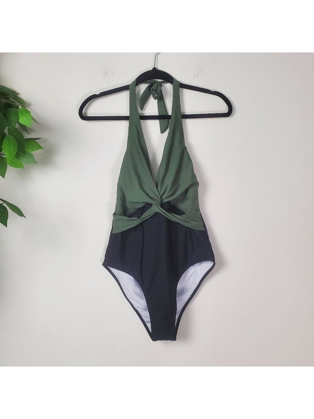Green Black Halter Swimsuit One Piece Women's Large
